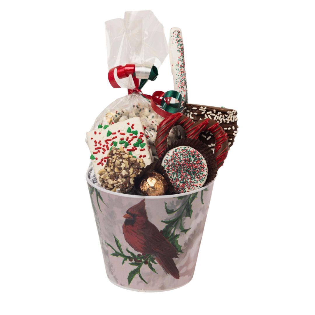3 - Dipp'd Candy Fundraising Christmas cardinal holiday gift basket with chocolate pretzels, chocolate graham crackers, chocolate truffles, chocolate oreos.